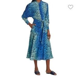 Stella McCartney Blue Keep Smiling Print Silk‎ Belted Midi Shirt Dress EU48 US10